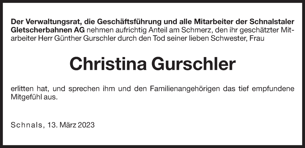  Traueranzeige für Christina Gurschler vom 14.03.2023 aus Dolomiten