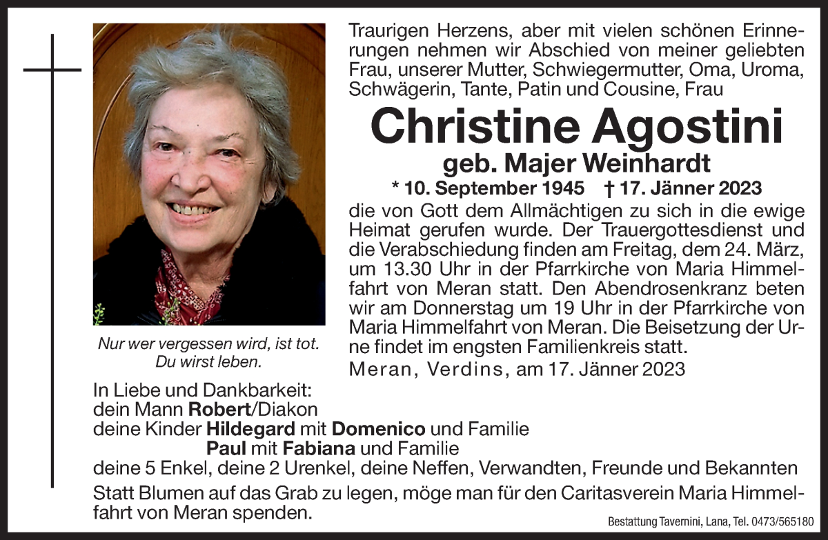  Traueranzeige für Christine Agostini vom 23.03.2023 aus Dolomiten