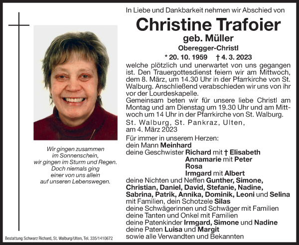 Traueranzeige von Christine Trafoier von Dolomiten