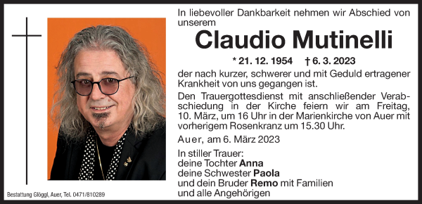 Traueranzeige von Claudio Mutinelli von Dolomiten