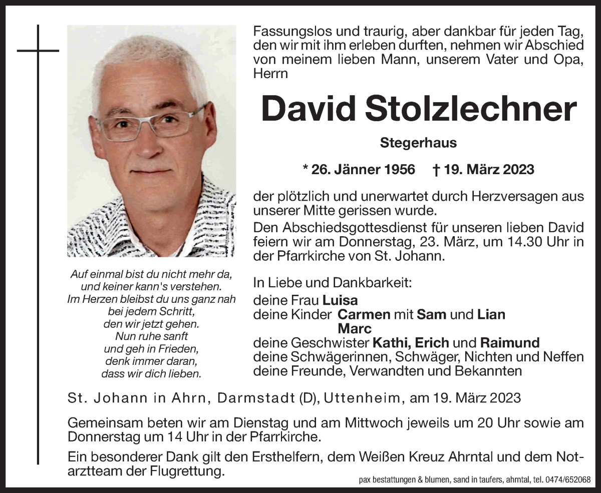  Traueranzeige für David Stolzlechner vom 21.03.2023 aus Dolomiten