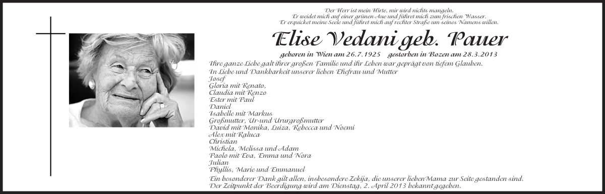  Traueranzeige für Elise Vedani vom 30.03.2013 aus Dolomiten