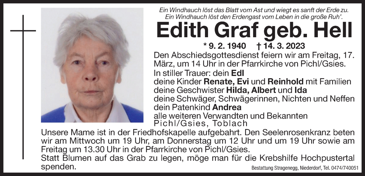  Traueranzeige für Edith Graf vom 15.03.2023 aus Dolomiten