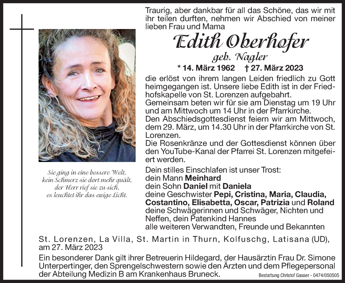  Traueranzeige für Edith Oberhofer vom 28.03.2023 aus Dolomiten