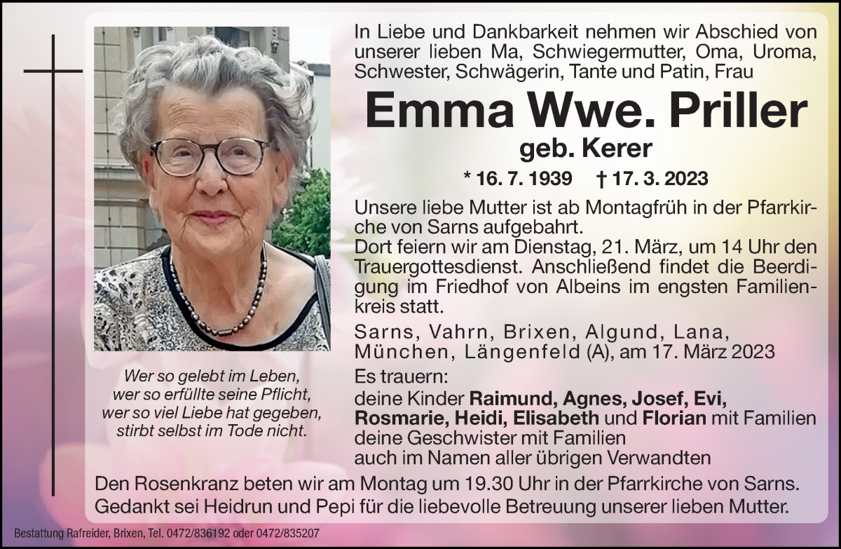  Traueranzeige für Emma Priller vom 18.03.2023 aus Dolomiten