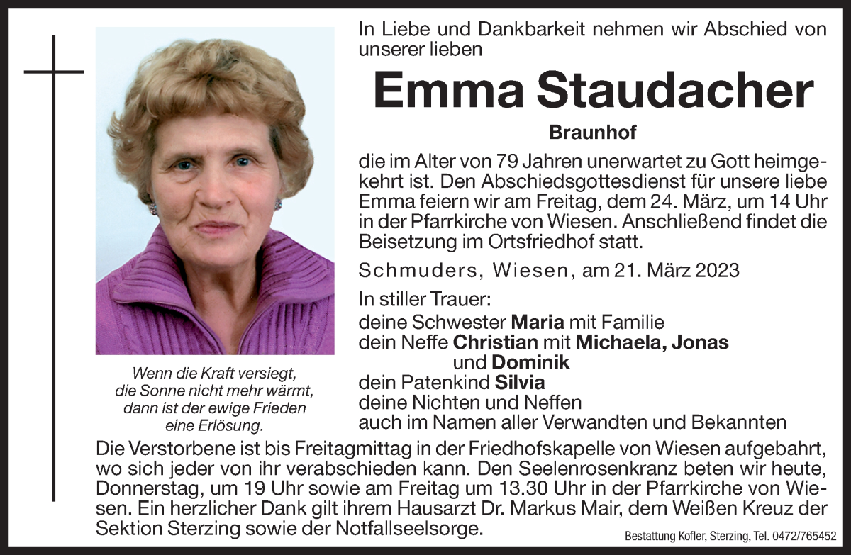  Traueranzeige für Emma Staudacher vom 23.03.2023 aus Dolomiten