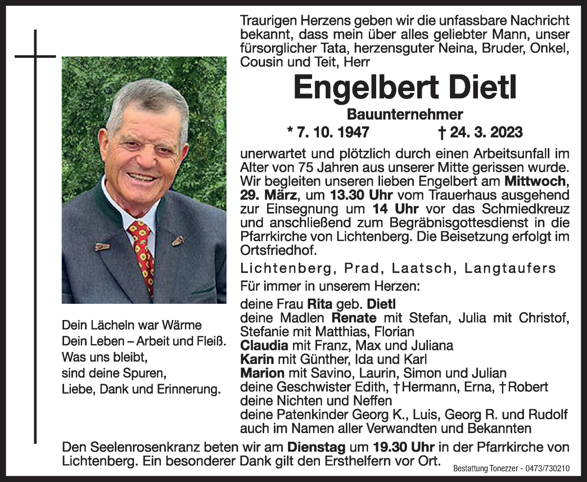  Traueranzeige für Engelbert Dietl vom 28.03.2023 aus Dolomiten