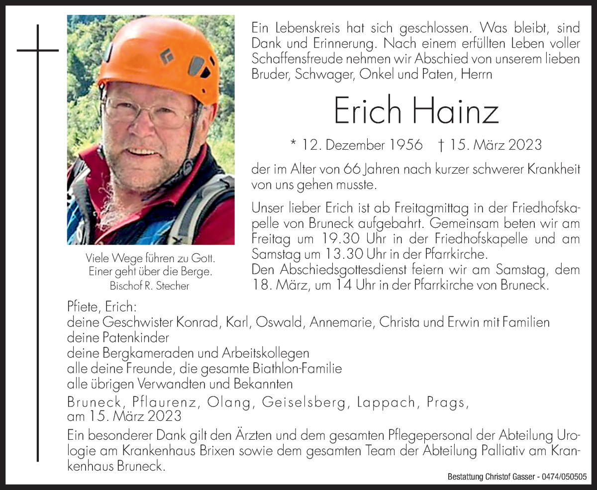  Traueranzeige für Erich Hainz vom 17.03.2023 aus Dolomiten