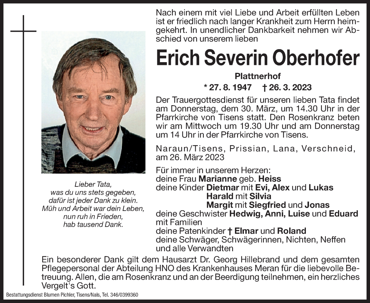  Traueranzeige für Erich Severin Oberhofer vom 28.03.2023 aus Dolomiten