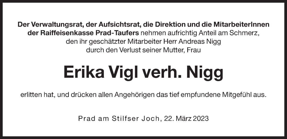  Traueranzeige für Erika Nigg vom 22.03.2023 aus Dolomiten