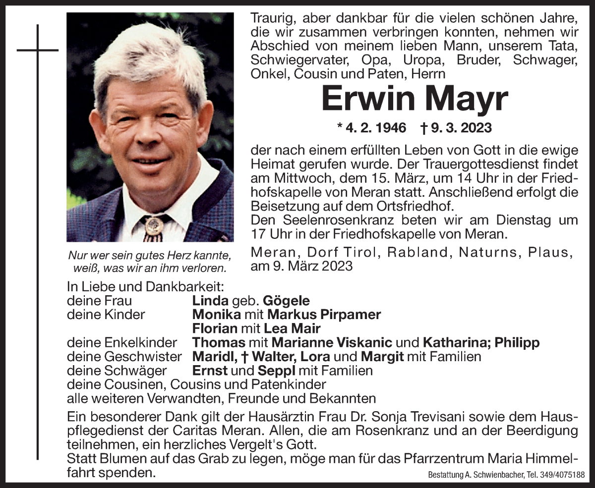  Traueranzeige für Erwin Mayr vom 11.03.2023 aus Dolomiten