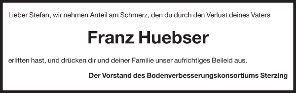 Traueranzeige von Franz Huebser von Dolomiten