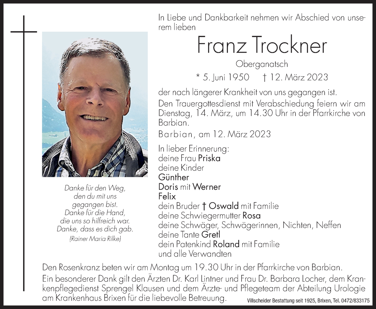  Traueranzeige für Franz Trockner vom 13.03.2023 aus Dolomiten