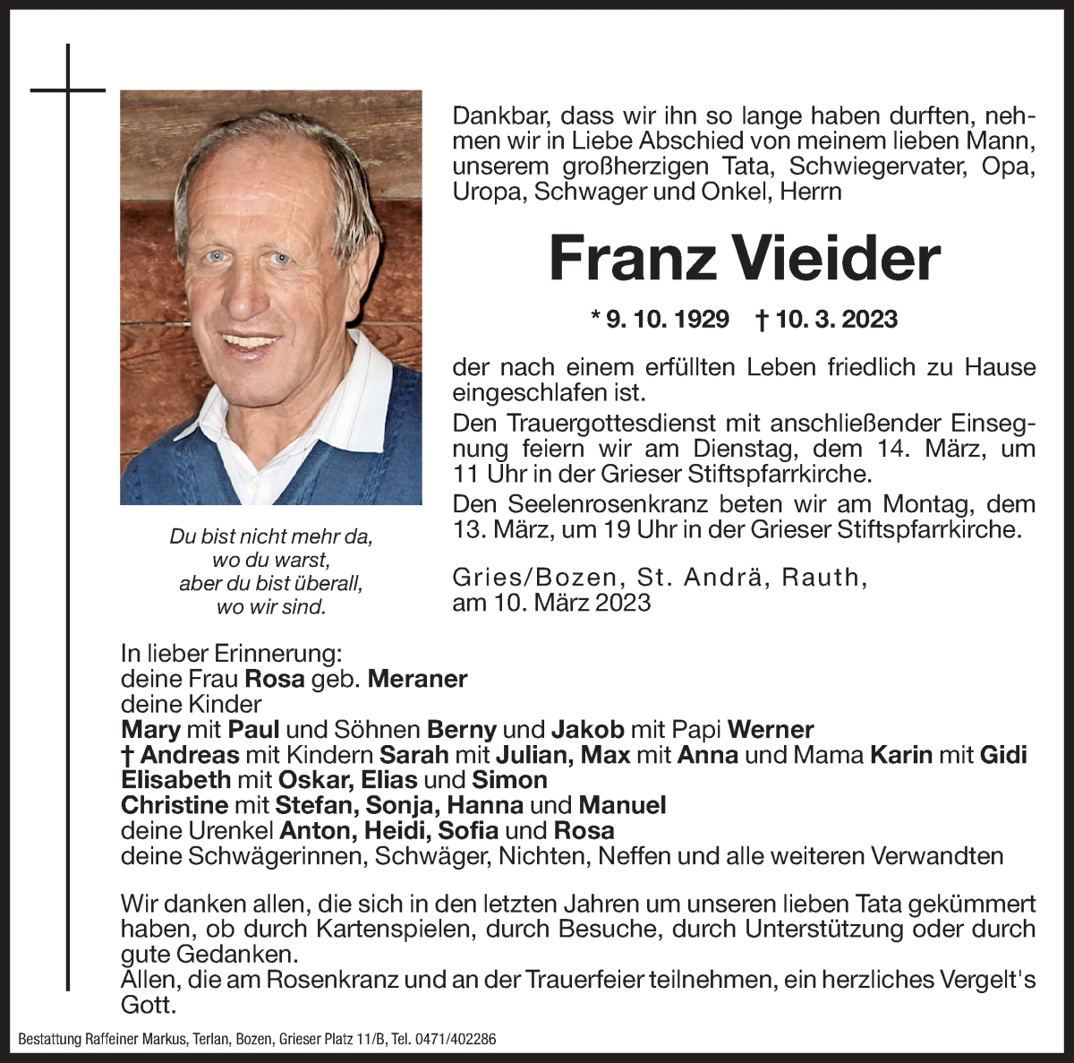  Traueranzeige für Franz Vieider vom 11.03.2023 aus Dolomiten