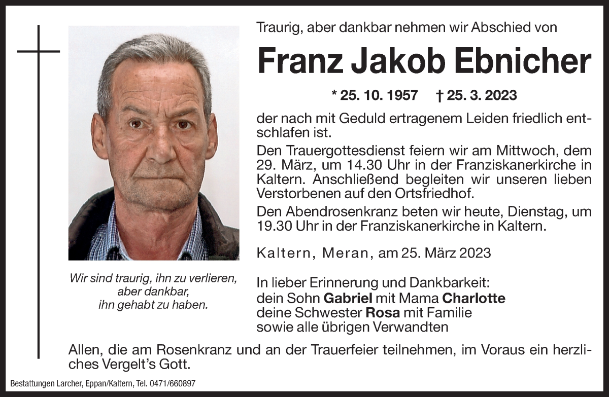  Traueranzeige für Franz Jakob Ebnicher vom 28.03.2023 aus Dolomiten