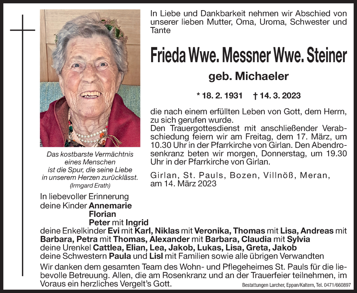  Traueranzeige für Frieda Messner vom 15.03.2023 aus Dolomiten