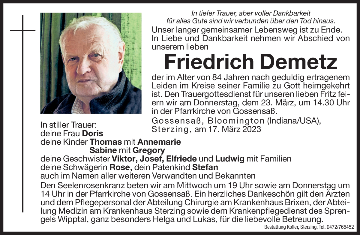  Traueranzeige für Friedrich Demetz vom 21.03.2023 aus Dolomiten