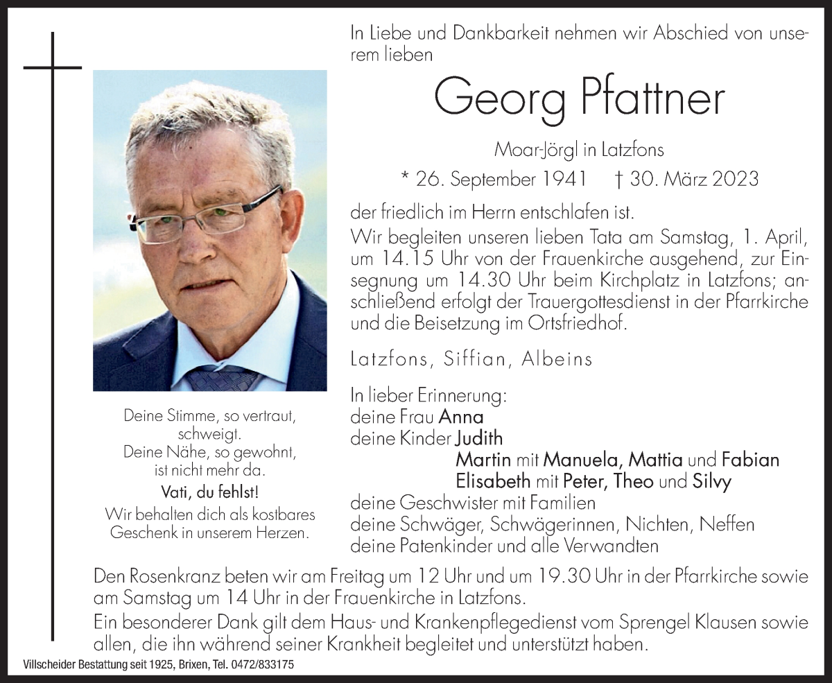  Traueranzeige für Georg Pfattner vom 31.03.2023 aus Dolomiten