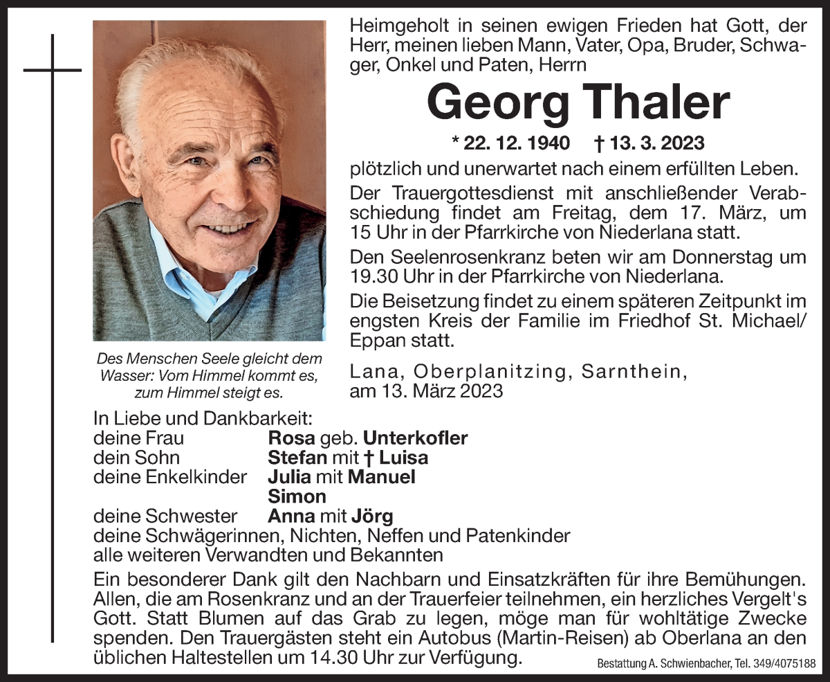  Traueranzeige für Georg Thaler vom 15.03.2023 aus Dolomiten
