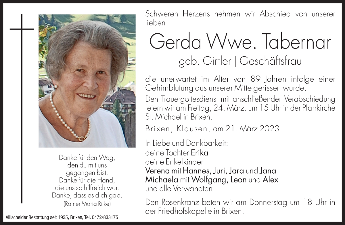  Traueranzeige für Gerda Tabernar vom 23.03.2023 aus Dolomiten