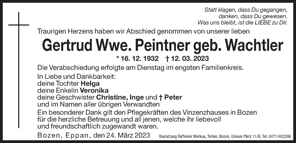  Traueranzeige für Gertrud Peintner vom 24.03.2023 aus Dolomiten