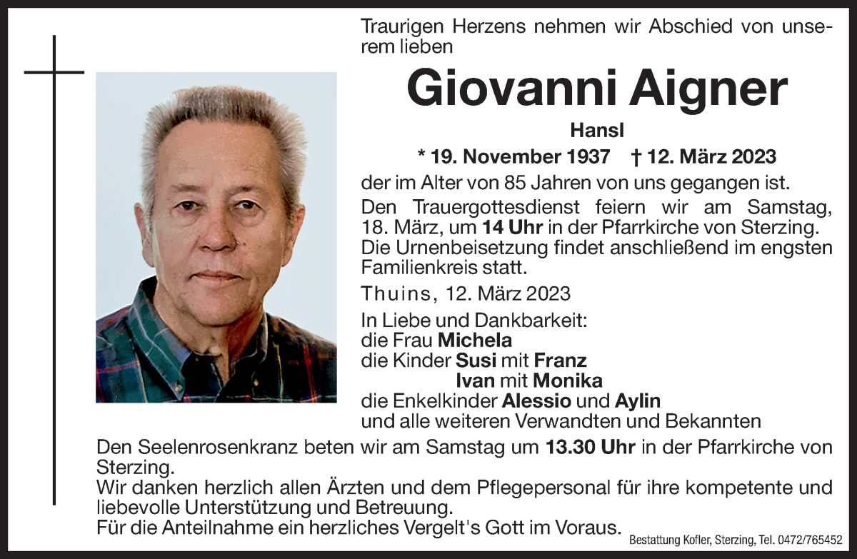  Traueranzeige für Giovanni Aigner vom 16.03.2023 aus Dolomiten
