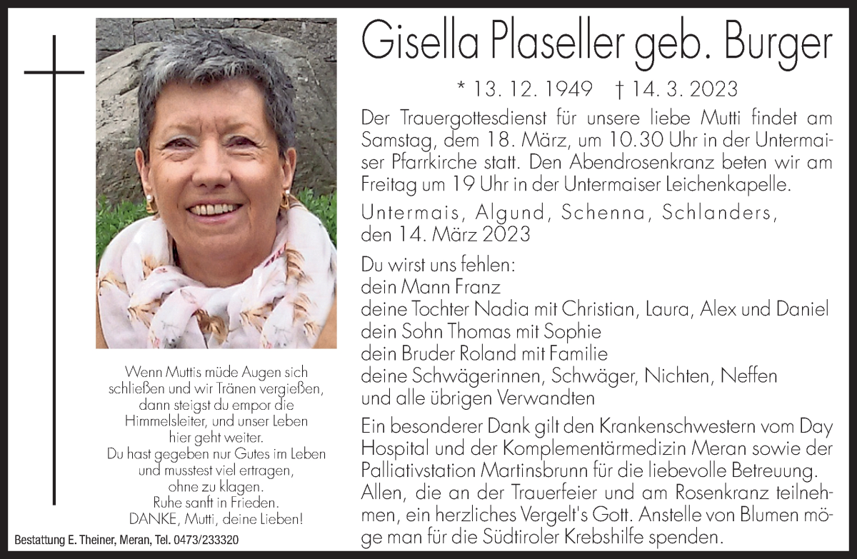  Traueranzeige für Gisella Plaseller vom 17.03.2023 aus Dolomiten