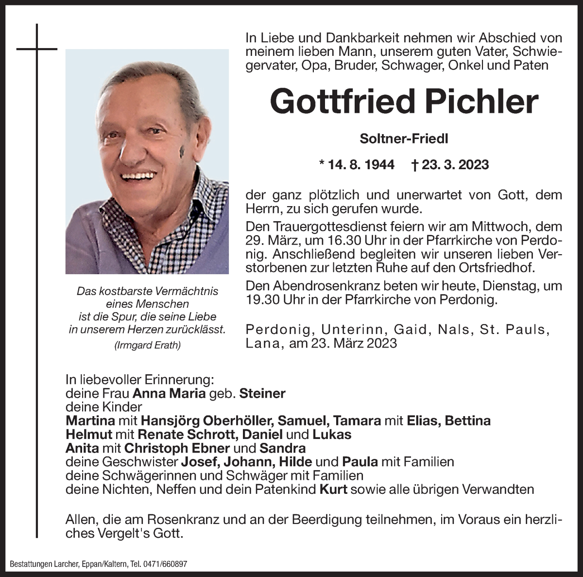  Traueranzeige für Gottfried Pichler vom 28.03.2023 aus Dolomiten