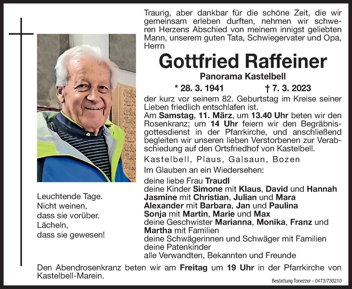  Traueranzeige für Gottfried Raffeiner vom 10.03.2023 aus Dolomiten
