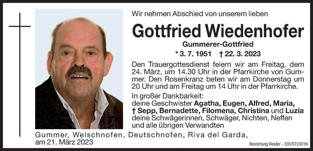  Traueranzeige für Gottfried Wiedenhofer vom 23.03.2023 aus Dolomiten