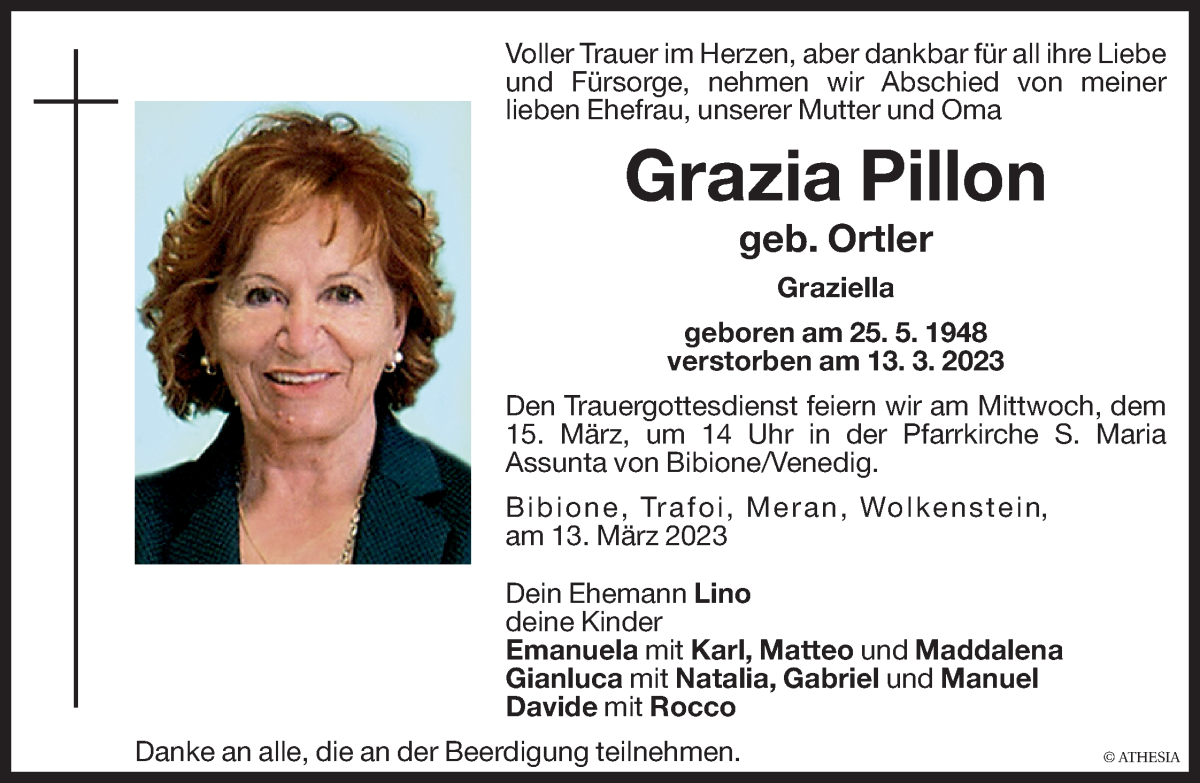  Traueranzeige für Grazia Pillon vom 15.03.2023 aus Dolomiten