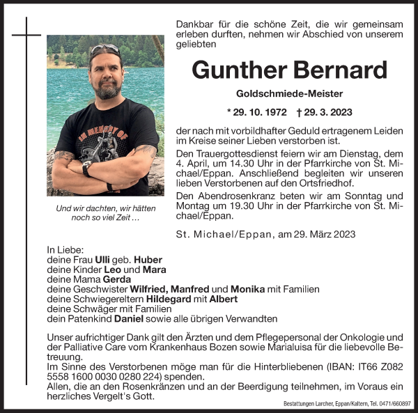 Traueranzeige von Gunther Bernard von Dolomiten