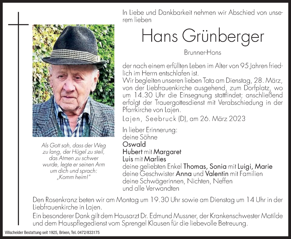  Traueranzeige für Hans Grünberger vom 27.03.2023 aus Dolomiten