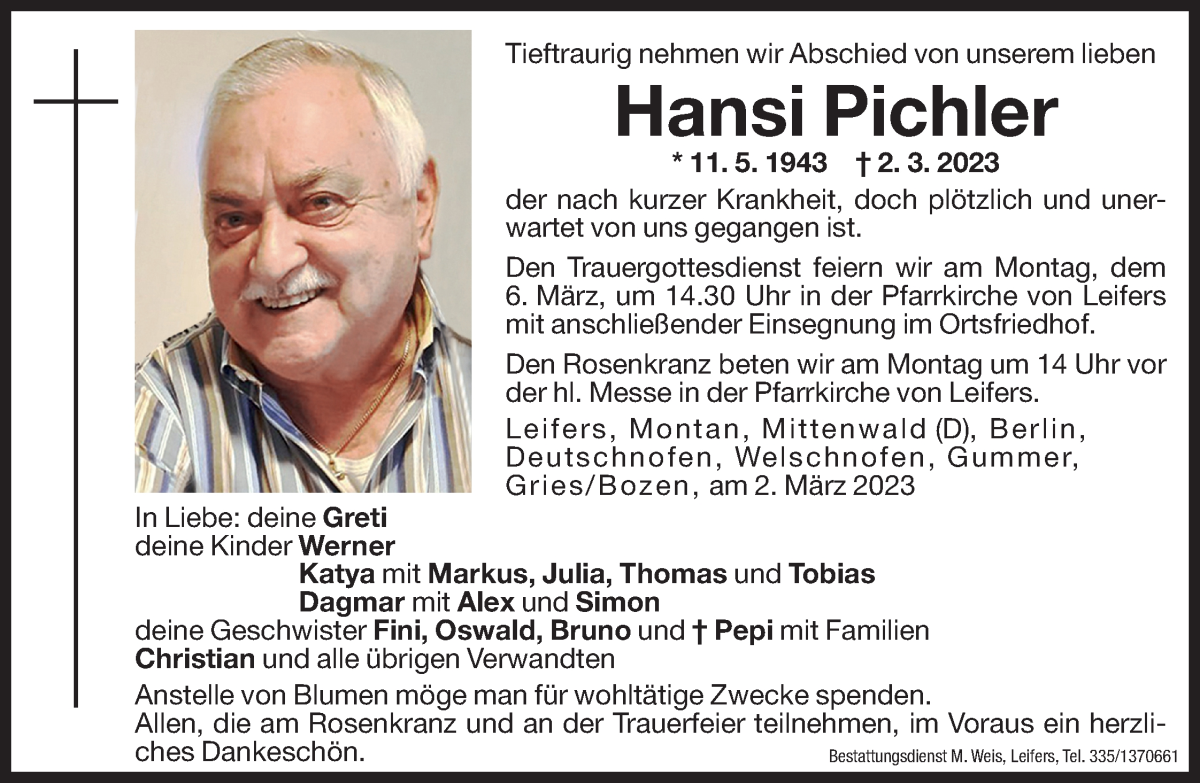  Traueranzeige für Hansi Pichler vom 04.03.2023 aus Dolomiten