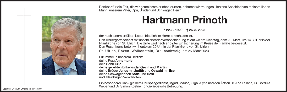  Traueranzeige für Hartmann Prinoth vom 27.03.2023 aus Dolomiten