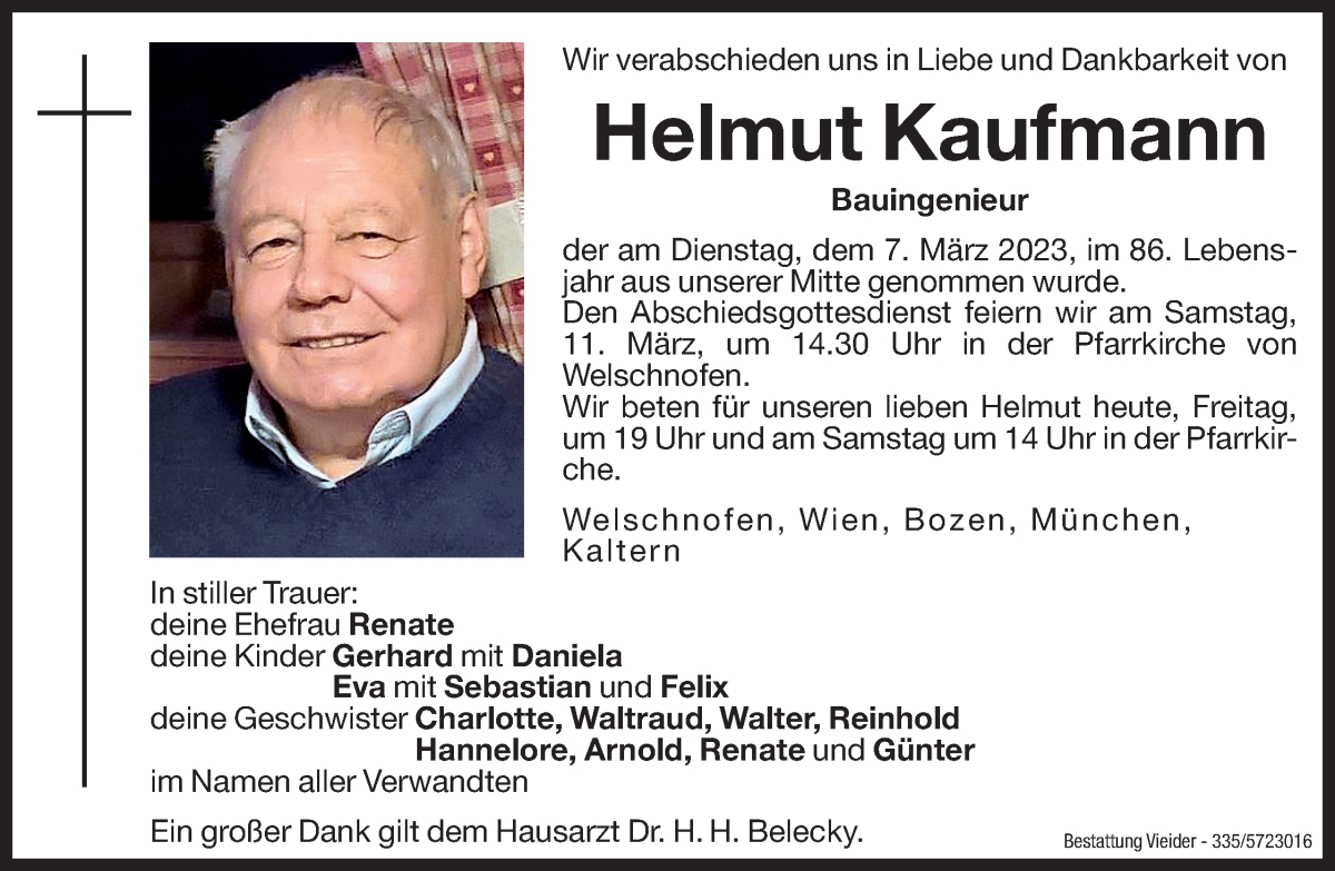  Traueranzeige für Helmut Kaufmann vom 10.03.2023 aus Dolomiten