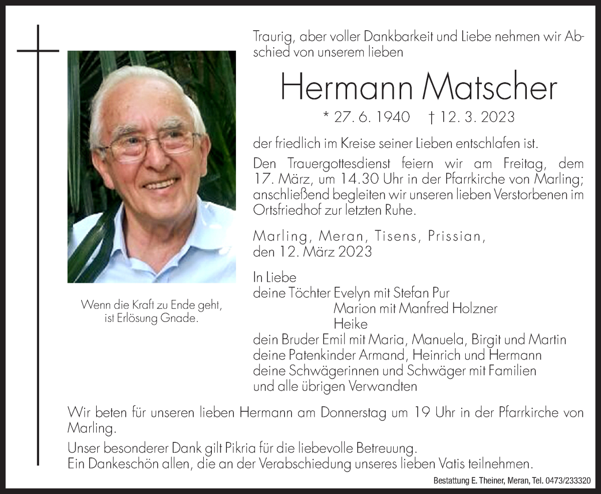  Traueranzeige für Hermann Matscher vom 15.03.2023 aus Dolomiten
