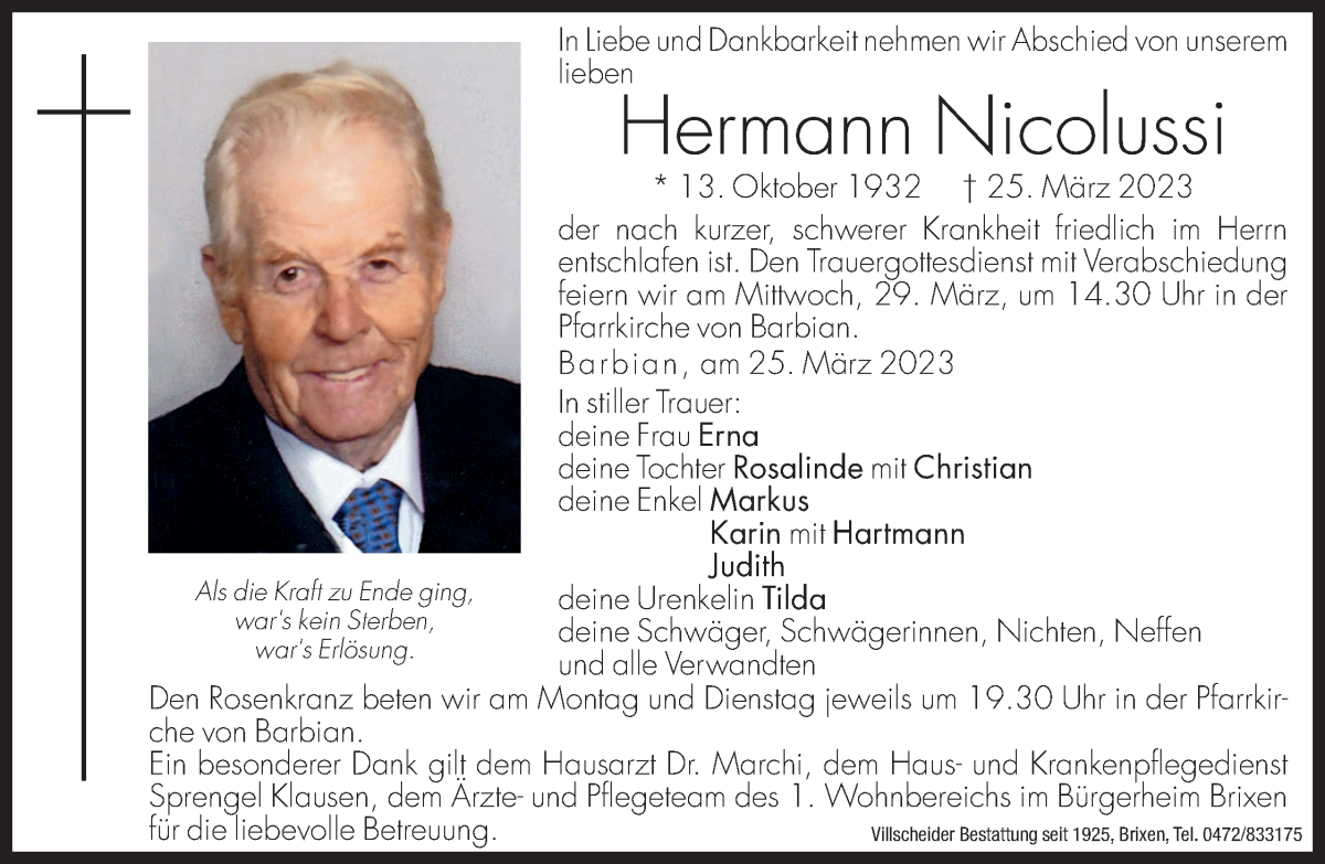  Traueranzeige für Hermann Nicolussi vom 27.03.2023 aus Dolomiten