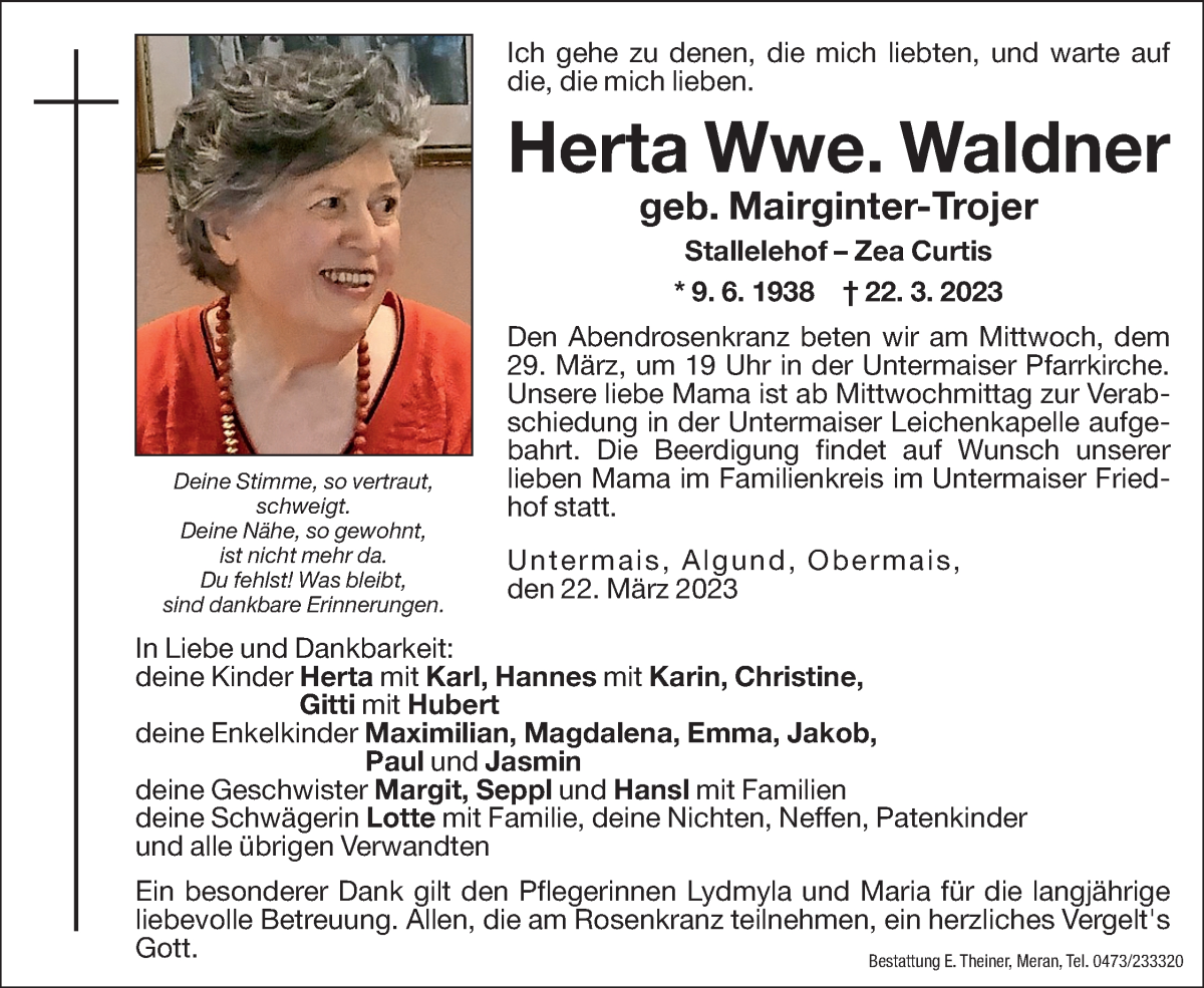  Traueranzeige für Herta Waldner vom 25.03.2023 aus Dolomiten