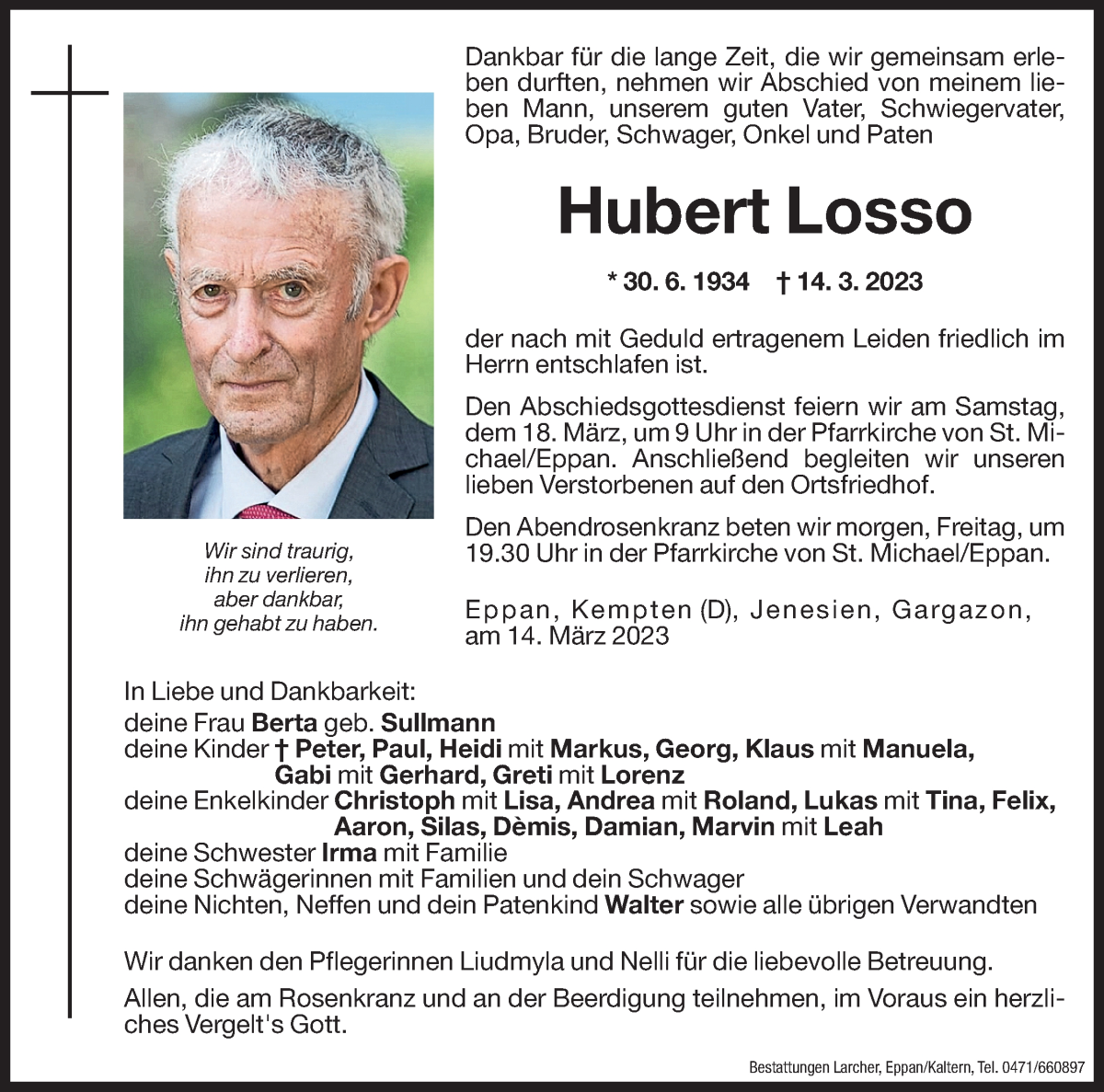  Traueranzeige für Hubert Losso vom 16.03.2023 aus Dolomiten