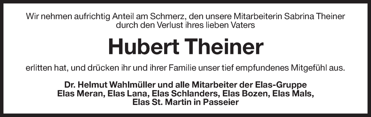  Traueranzeige für Hubert Theiner vom 15.03.2023 aus Dolomiten