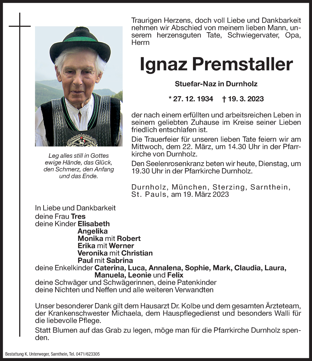  Traueranzeige für Ignaz Premstaller vom 21.03.2023 aus Dolomiten