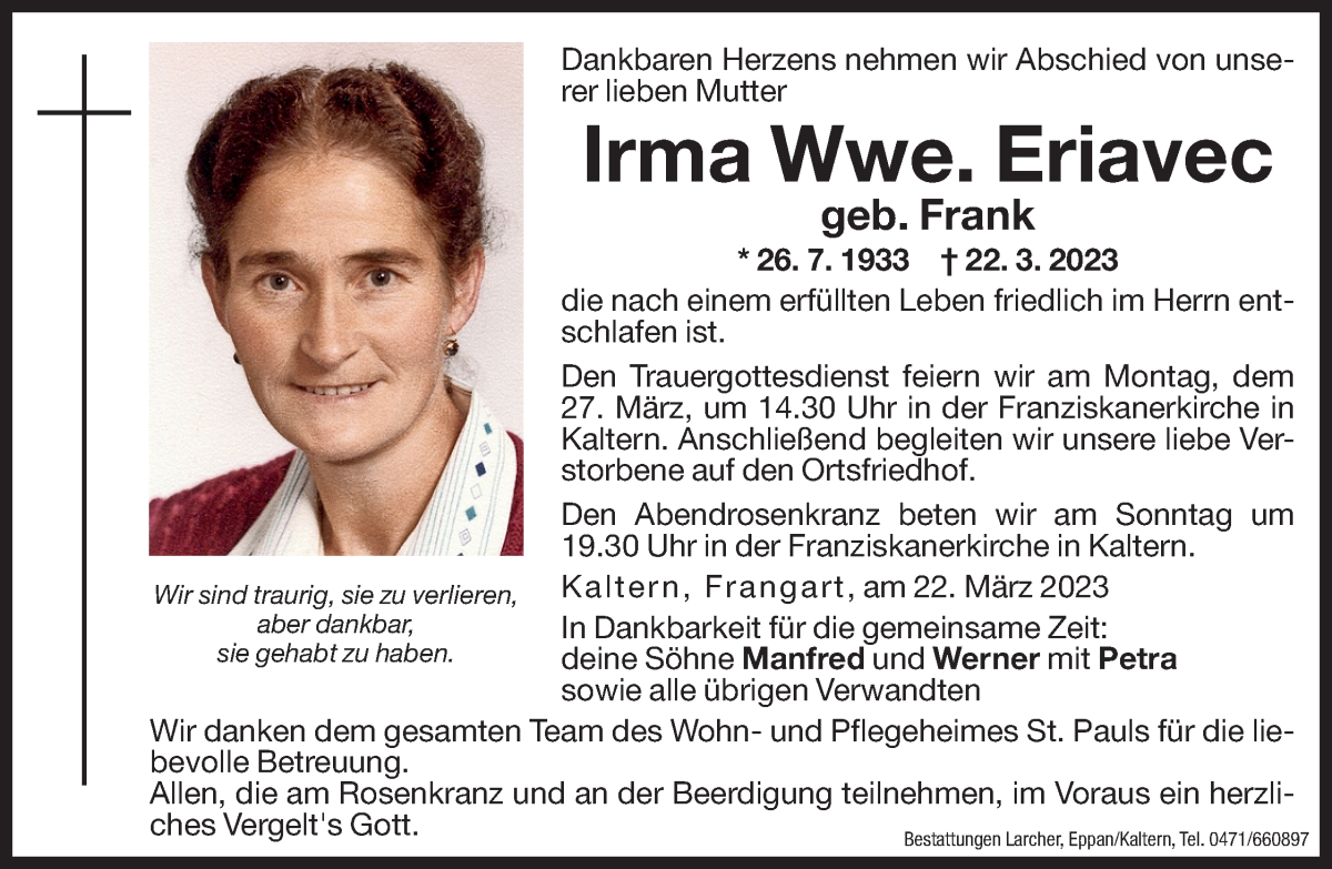  Traueranzeige für Irma Eriavec vom 24.03.2023 aus Dolomiten