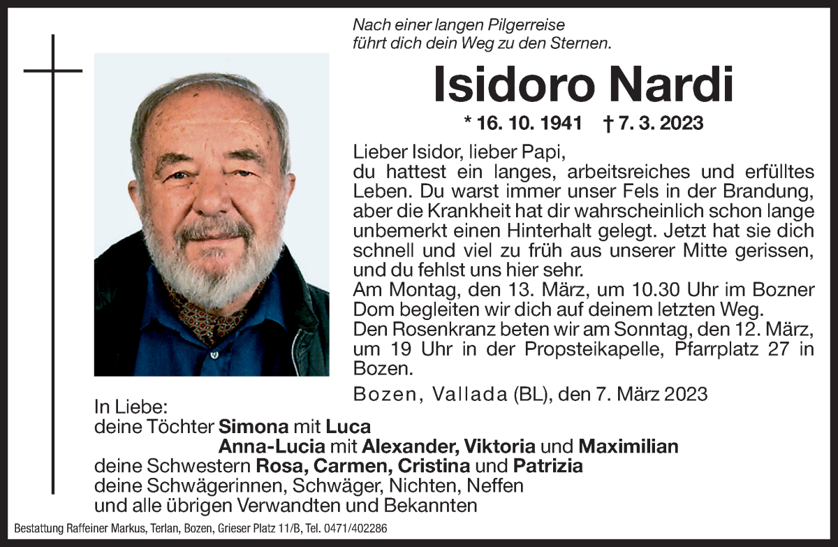  Traueranzeige für Isidoro Nardi vom 10.03.2023 aus Dolomiten
