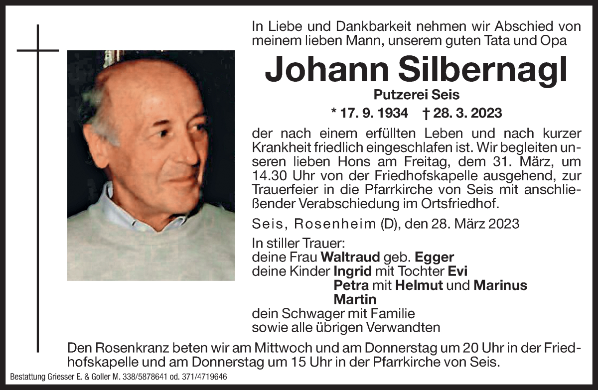  Traueranzeige für Johann Silbernagl vom 29.03.2023 aus Dolomiten