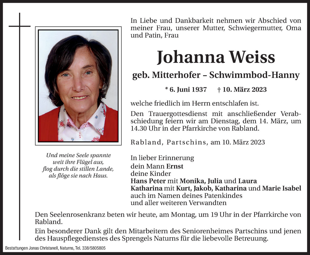  Traueranzeige für Johanna Weiss vom 13.03.2023 aus Dolomiten