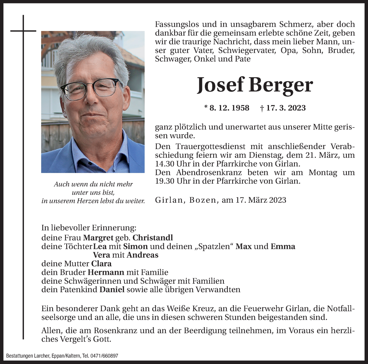  Traueranzeige für Josef Berger vom 18.03.2023 aus Dolomiten