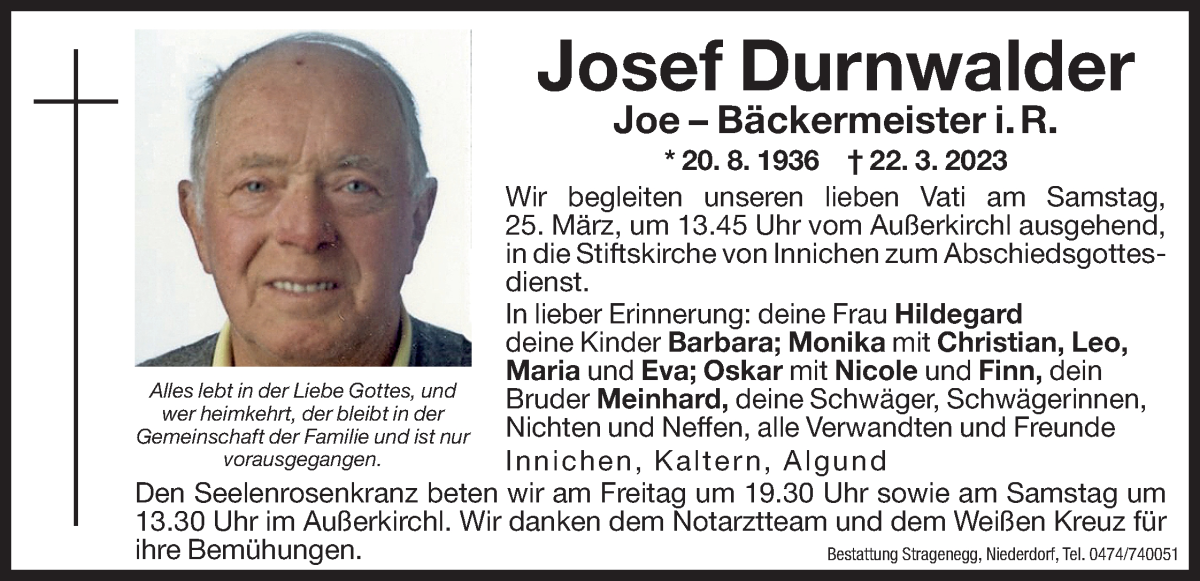  Traueranzeige für Josef Durnwalder vom 24.03.2023 aus Dolomiten