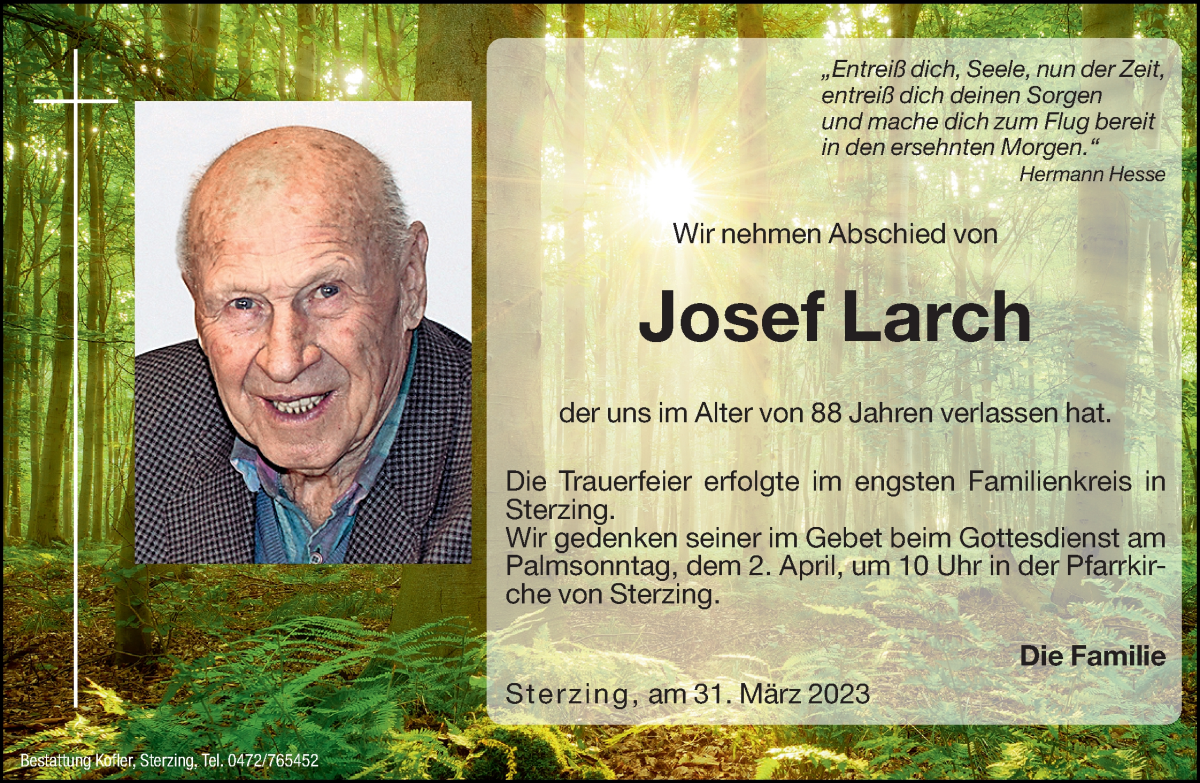  Traueranzeige für Josef Larch vom 31.03.2023 aus Dolomiten
