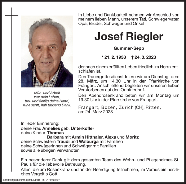 Traueranzeigen Von Josef Riegler Trauer Bz